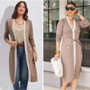CAbi Taupe Long Cardigan with White Trim #6161